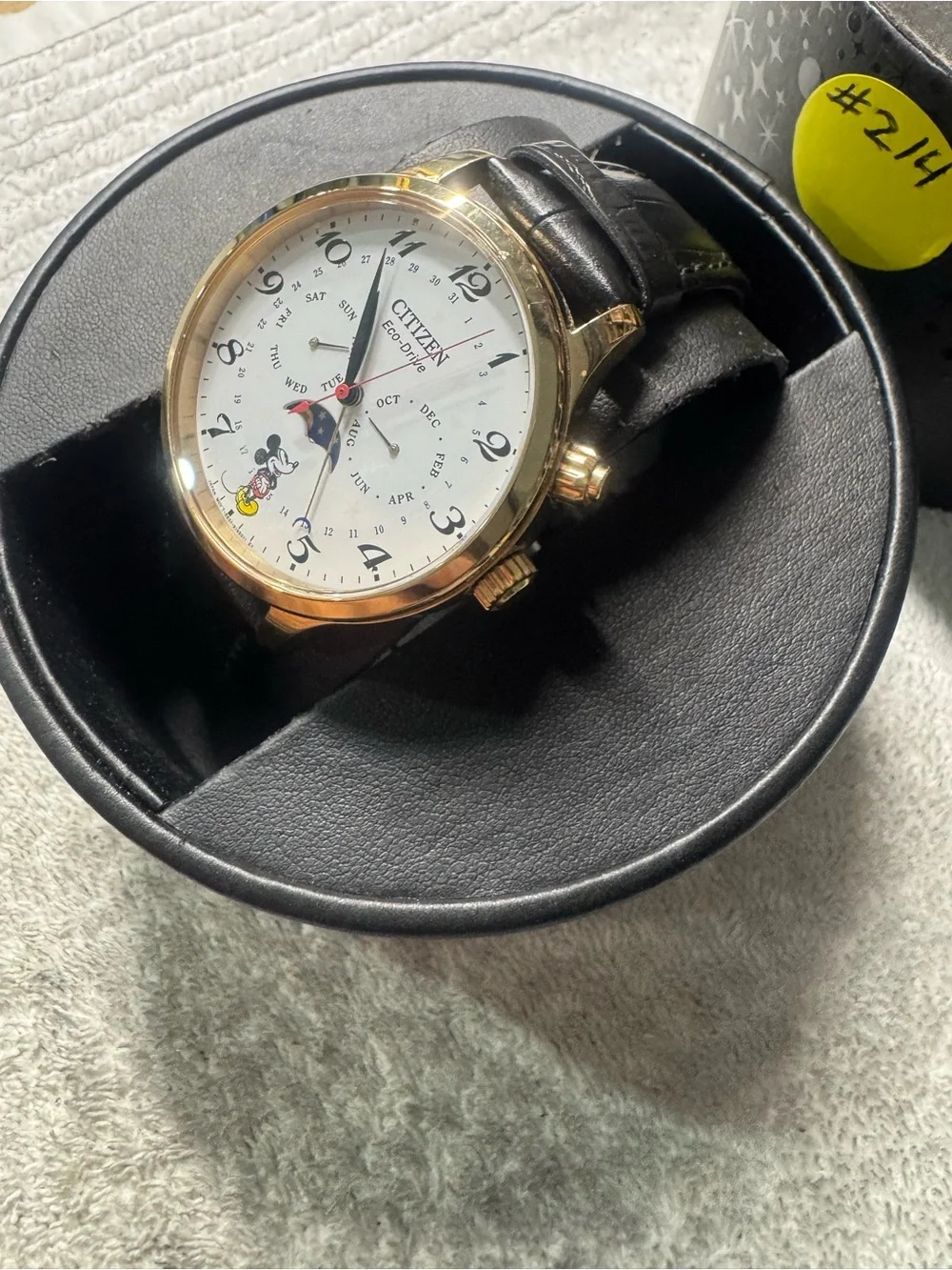 #214 Citizen Gold-Tone Case White Dial Mickey Mouse Men’s Watch with Black Strap